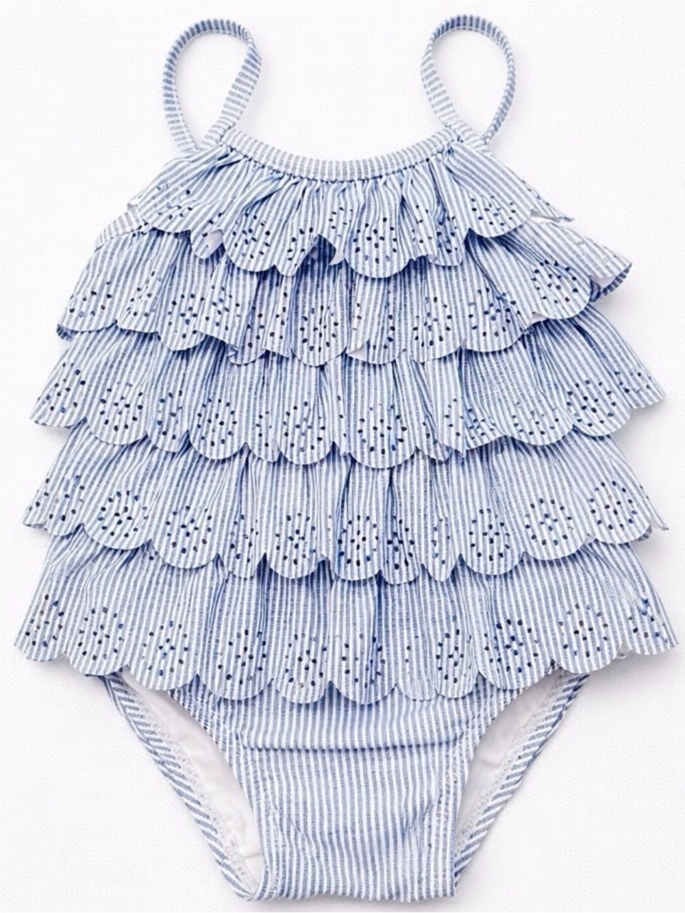 Gap Baby Girl Ruffled Blue/White Striped Swimsuit 18-24M EUC